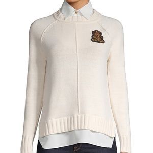 Lauren Ralph Lauren CREST Winter Cream Long Sleeve Sweater Built In Collar Med
